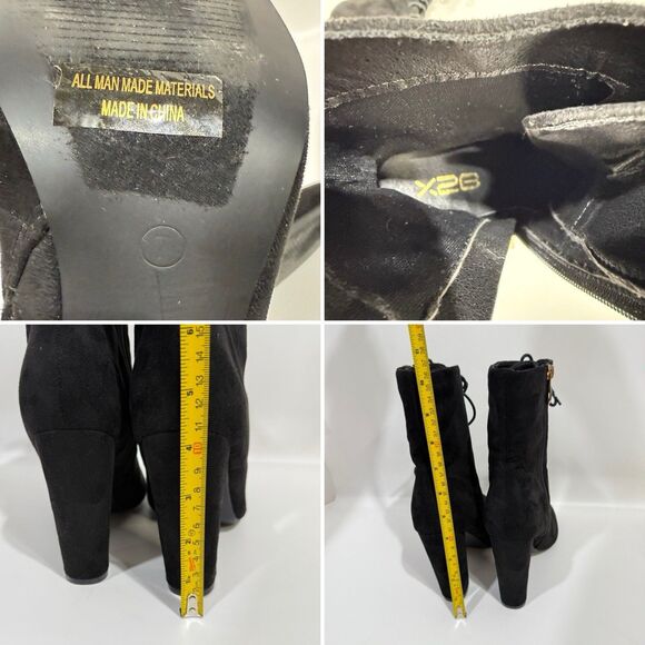 X2B Booties Woman 7 Lace Black Lace Up Block Heel Side Zipper Faux Suede - Picture 9 of 16